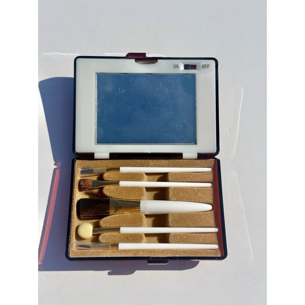 LUCITE Lighted COMPACT Makeup MIRROR set CHATELAINE ~ Vintage HONG KONG-Works!